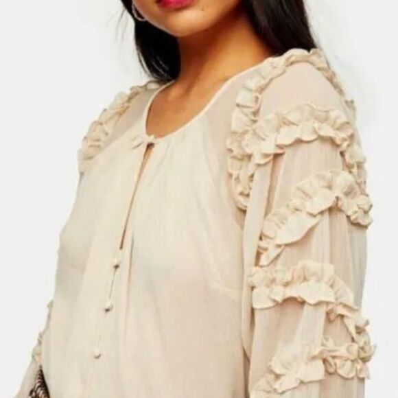 Topshop Ruffle Sheer Long Sleeve Blouse Cream 6 - Picture 2 of 10